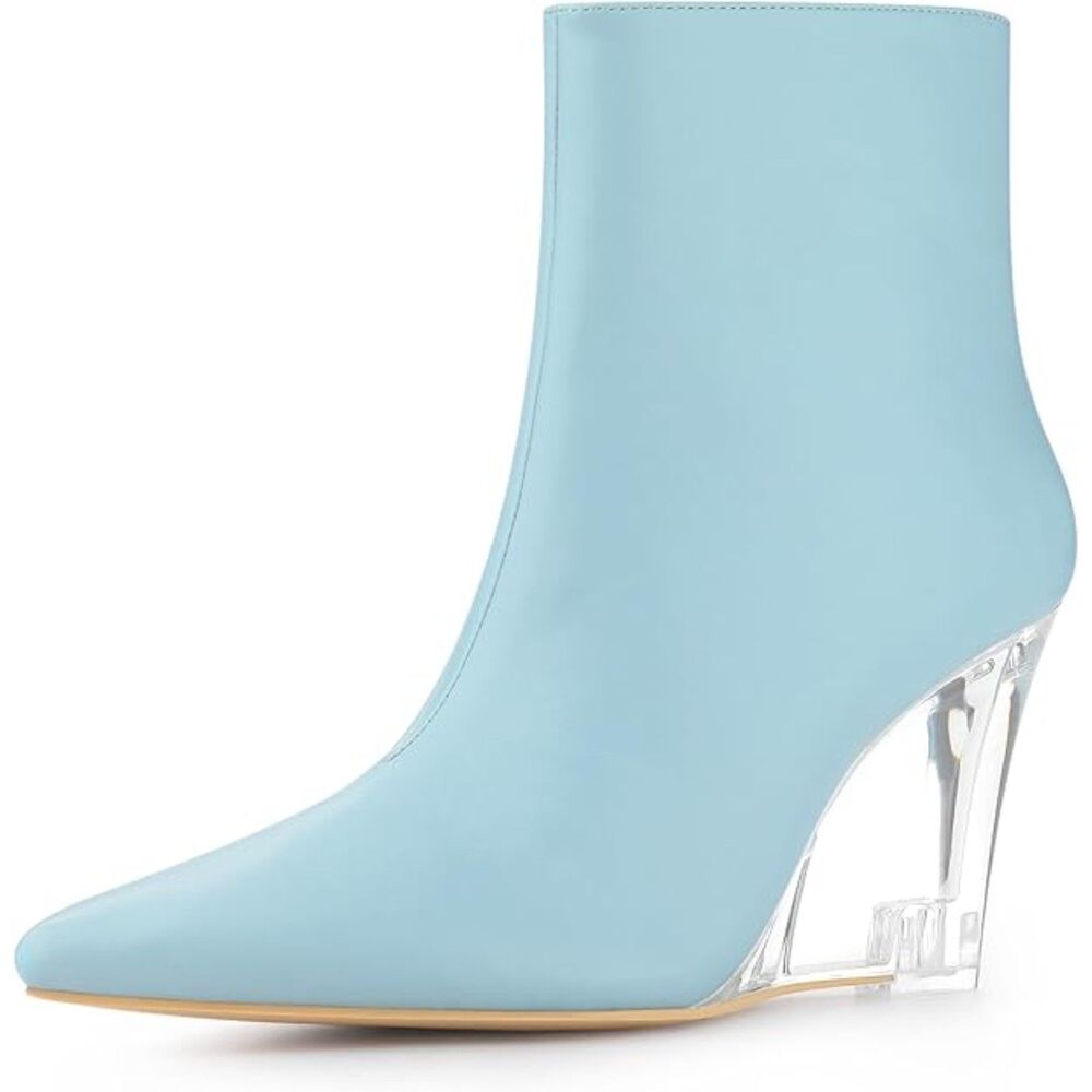 Allegra K Sky Blue Clear Heel Wedge Ankle Boots 8 Pointed Toe EUC